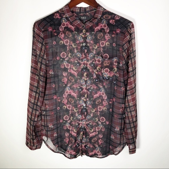 ABS Allen Schwartz Floral Plaid Sheer Blouse M - Picture 1 of 16